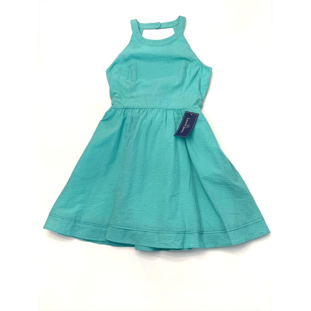 Lauren James Abigail Dress Seafoam Green Open Back Bow Seersucker Womens M Lined